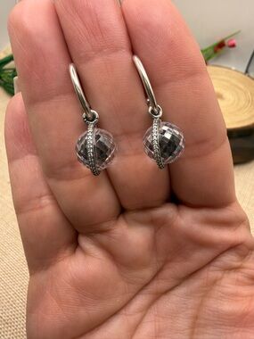 Second Hand ✋Pandora Retired Sterling Silver Pink Crystal Drop Hoop Earrings